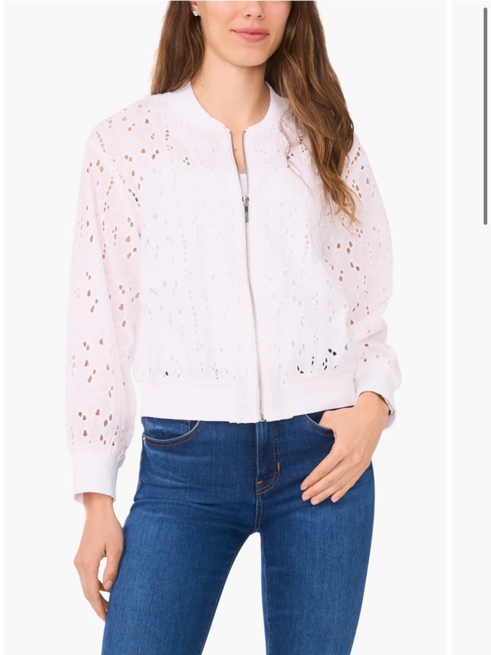 NWT Halogen Embroidered Eyelet Cotton Bomber Jacket White Womens Size Large